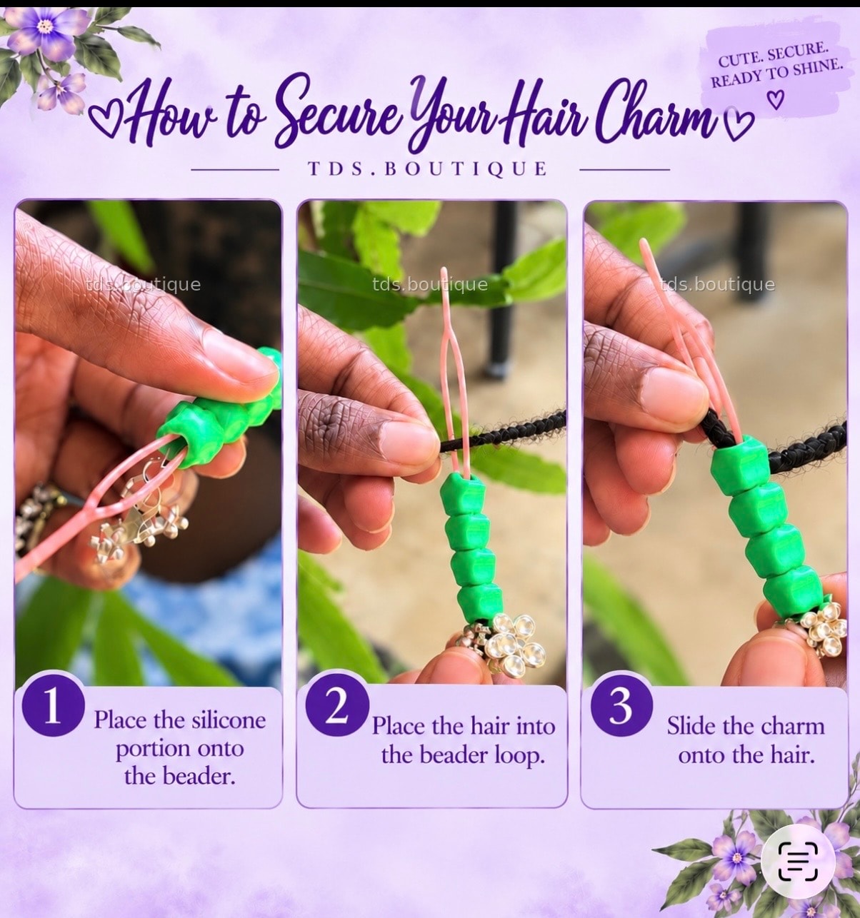 Steps 1 to 3: Place the silicone portion onto the beader, place hair into the beader loop, slide the charm onto the hair