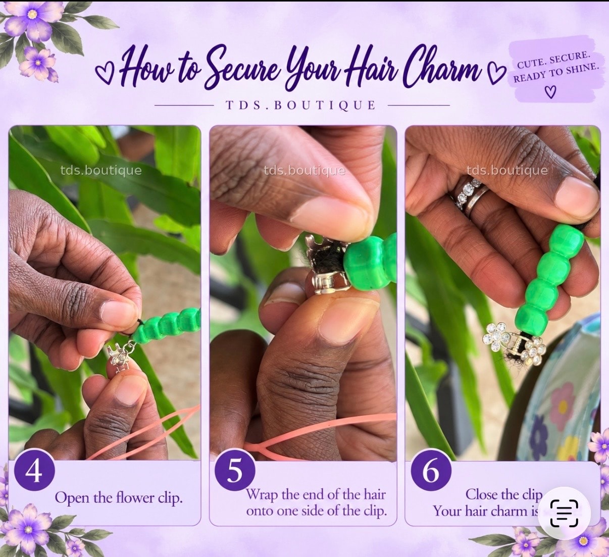 Steps 4 to 6: Open the flower clip, wrap the end of the hair onto one side of the clip, close the clip — your hair charm is ready